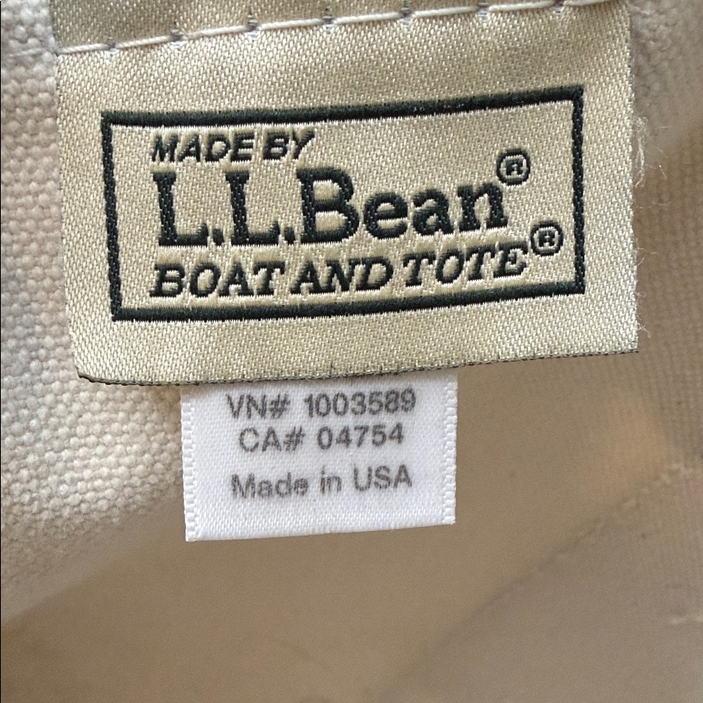 L.L. Bean White Canvas Tote with Navy Straps and Brown Leather Handles - Picture 10 of 11